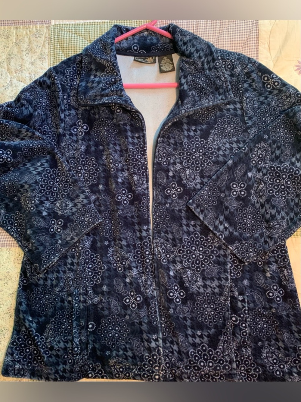 Jane Ashley Navy “Floral” Velvet Zip Front Jacket